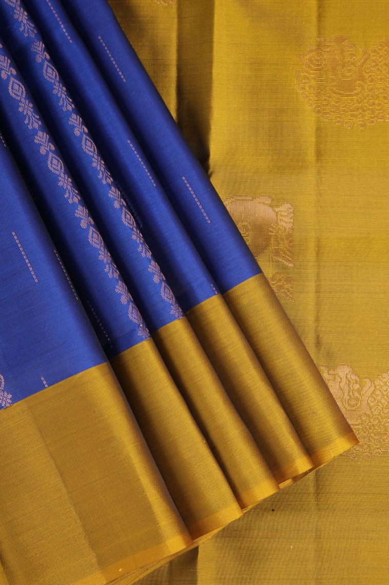 Cobalt Blue Soft Silk Saree Copper Zari with Rain Drops Mottif view 1