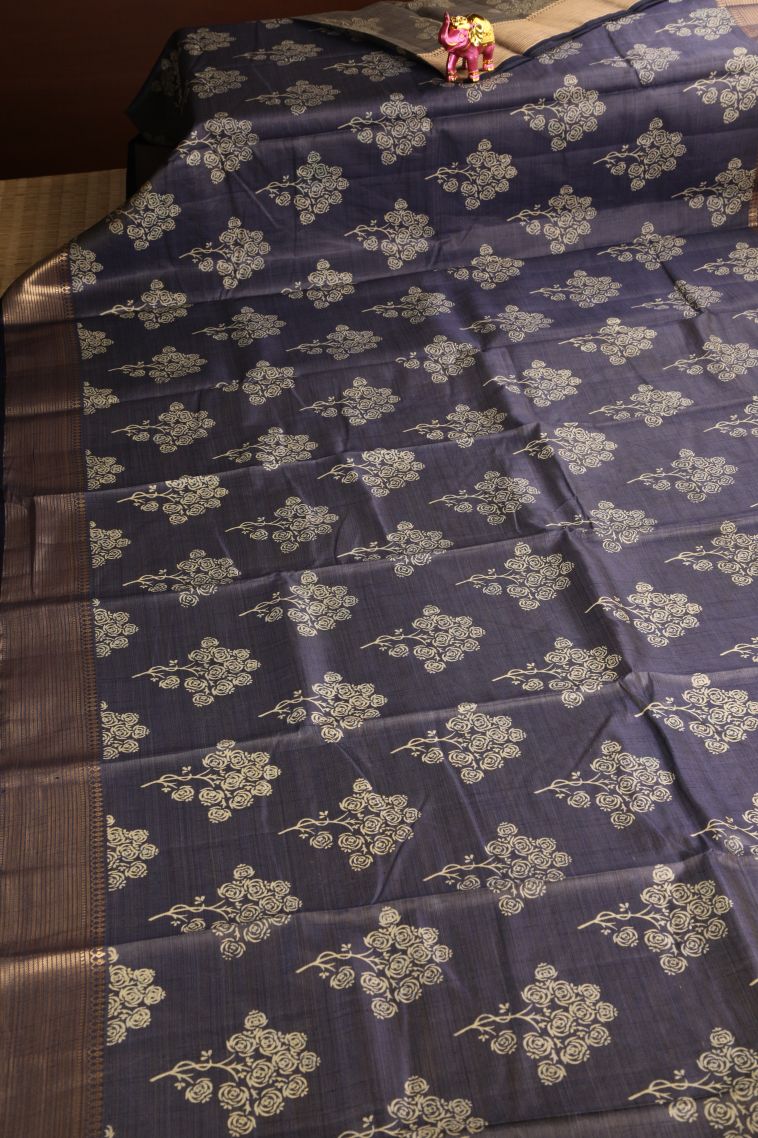 Denim Blue Semi Raw Silk Printed Gold Zari with Floral Patterns view 2