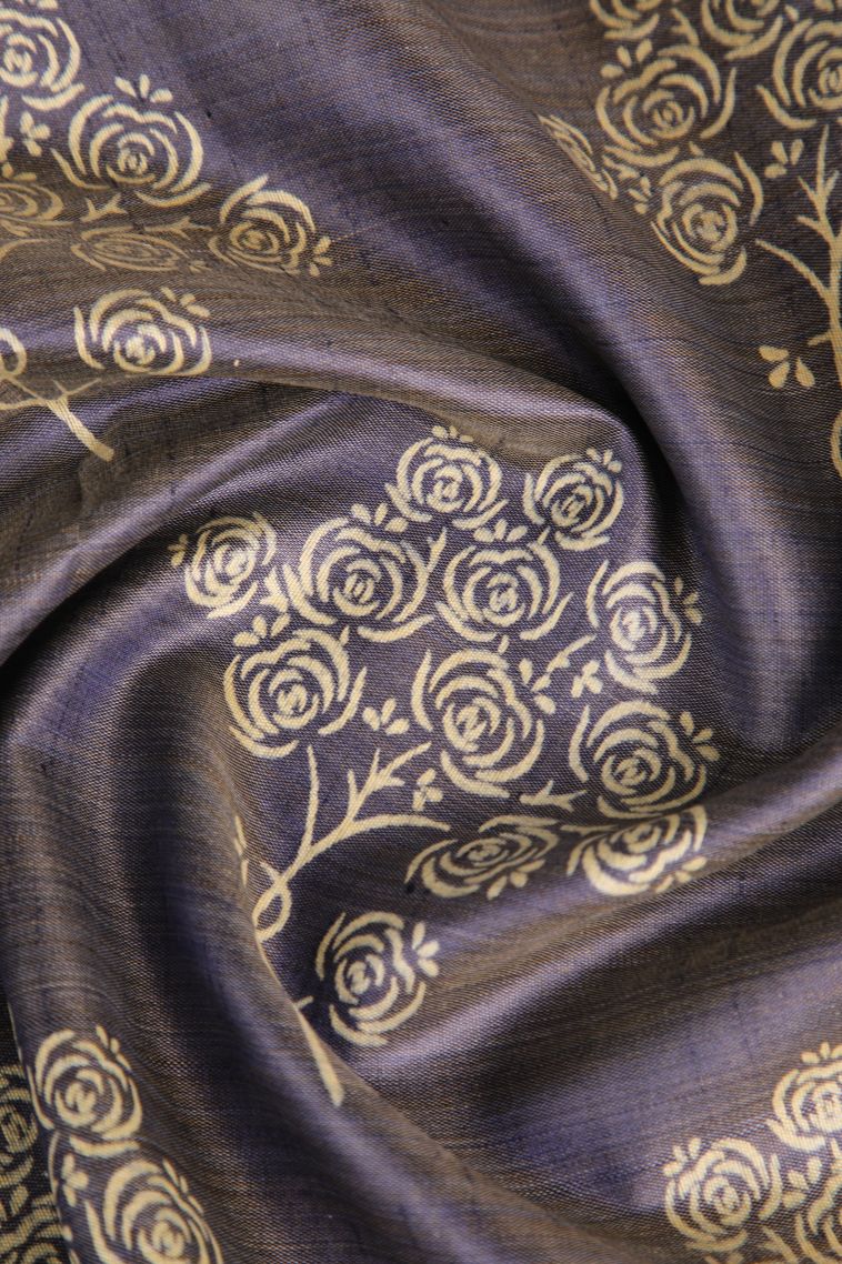 Denim Blue Semi Raw Silk Printed Gold Zari with Floral Patterns view 4