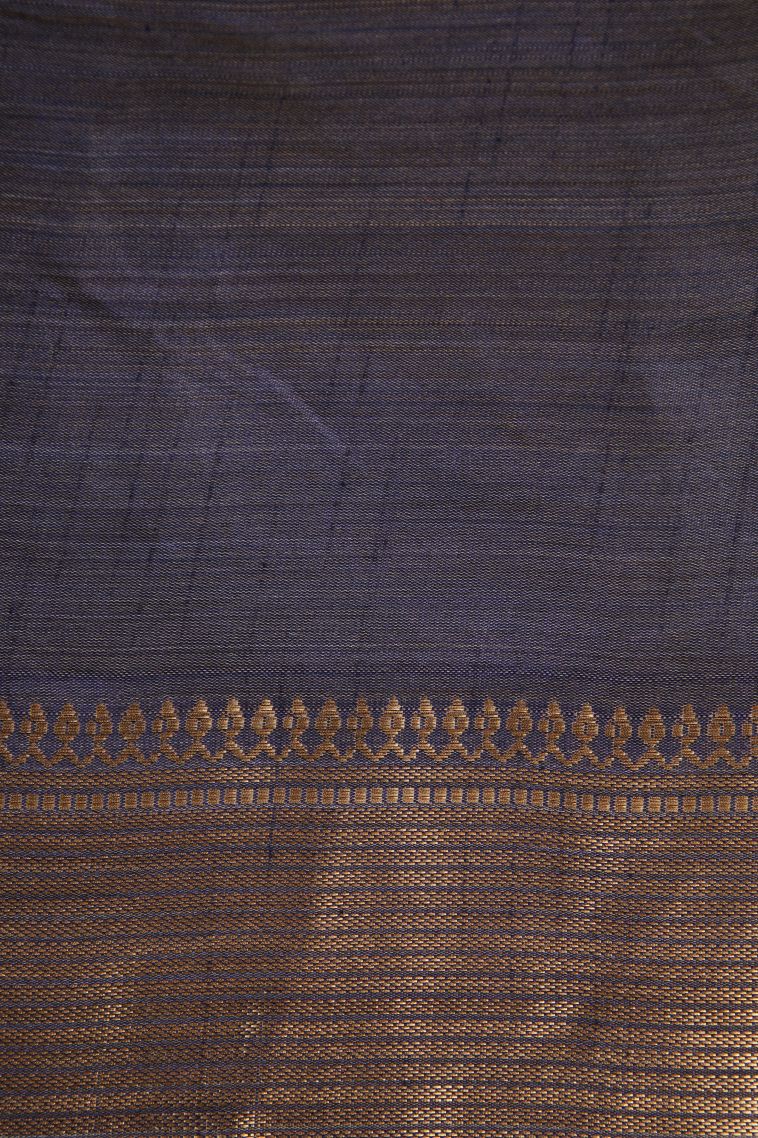 Denim Blue Semi Raw Silk Printed Gold Zari with Floral Patterns view 3