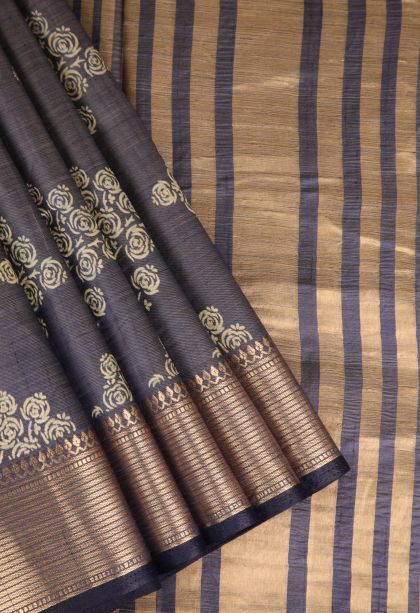 Denim Blue Semi Raw Silk Printed Gold Zari with Floral Patterns