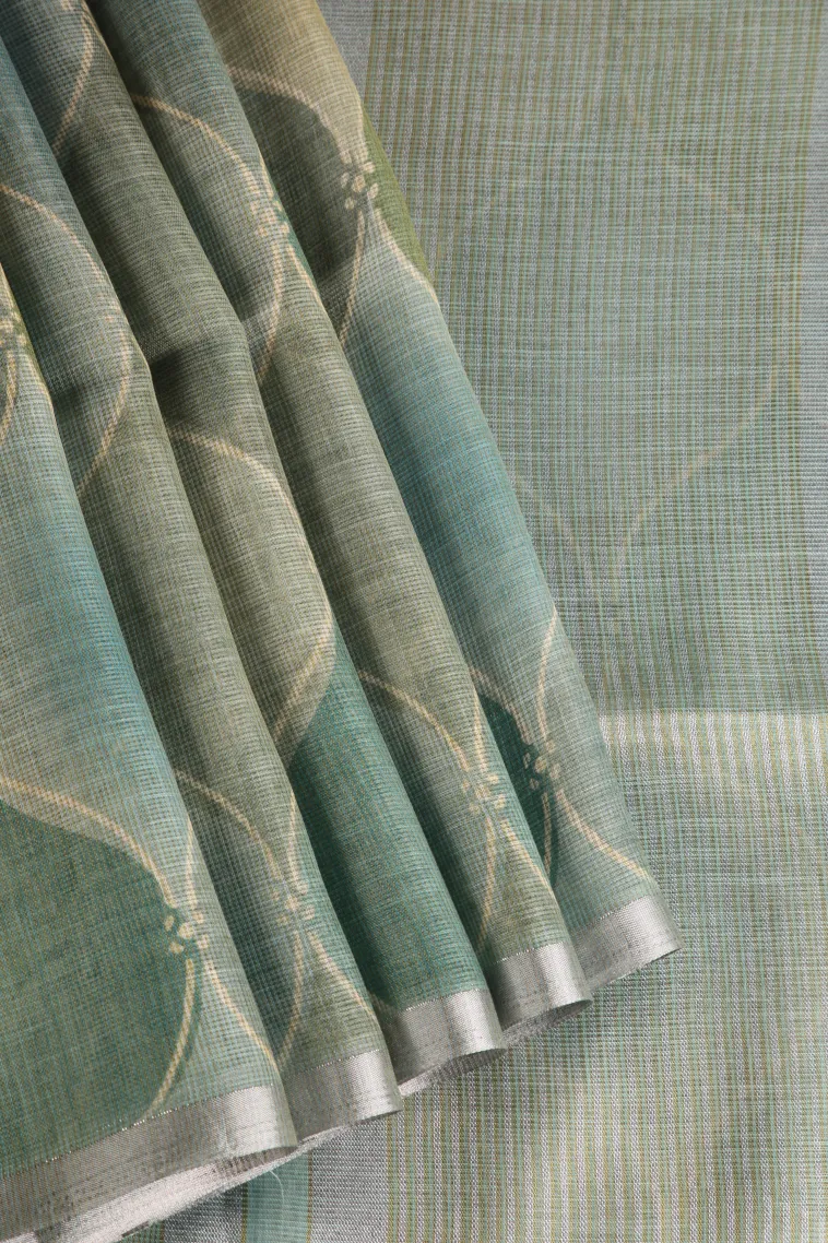Teal Blue Linen Saree Without Zari With Geometric Shapes