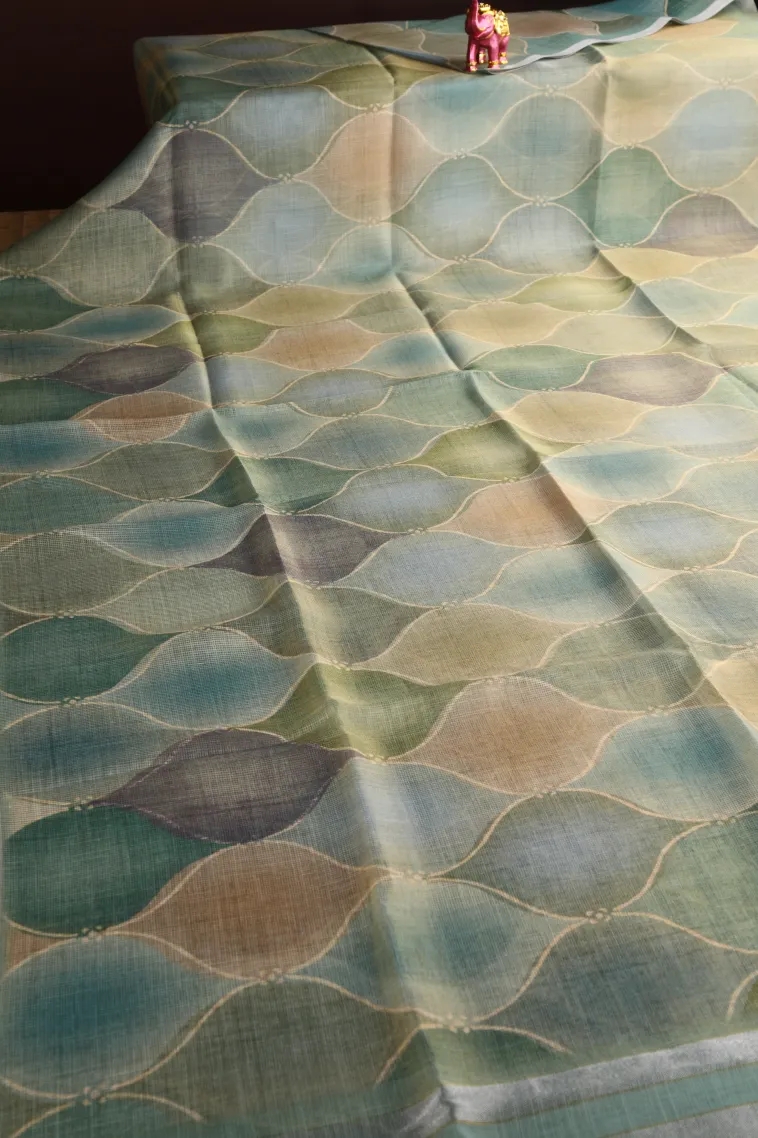 Teal Blue Linen Saree Without Zari With Geometric Shapes view 2