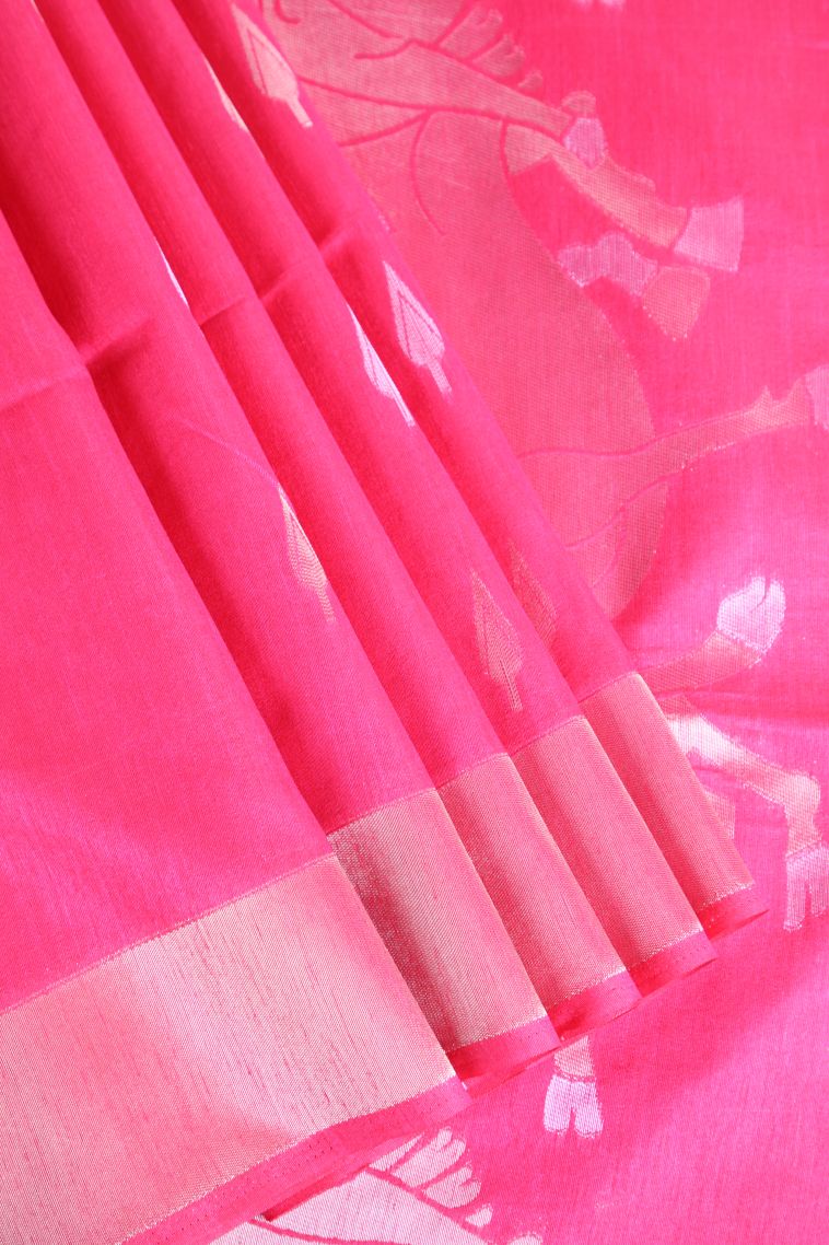 Punch Pink Raw Silk Sarees with Copper Zari Puttas