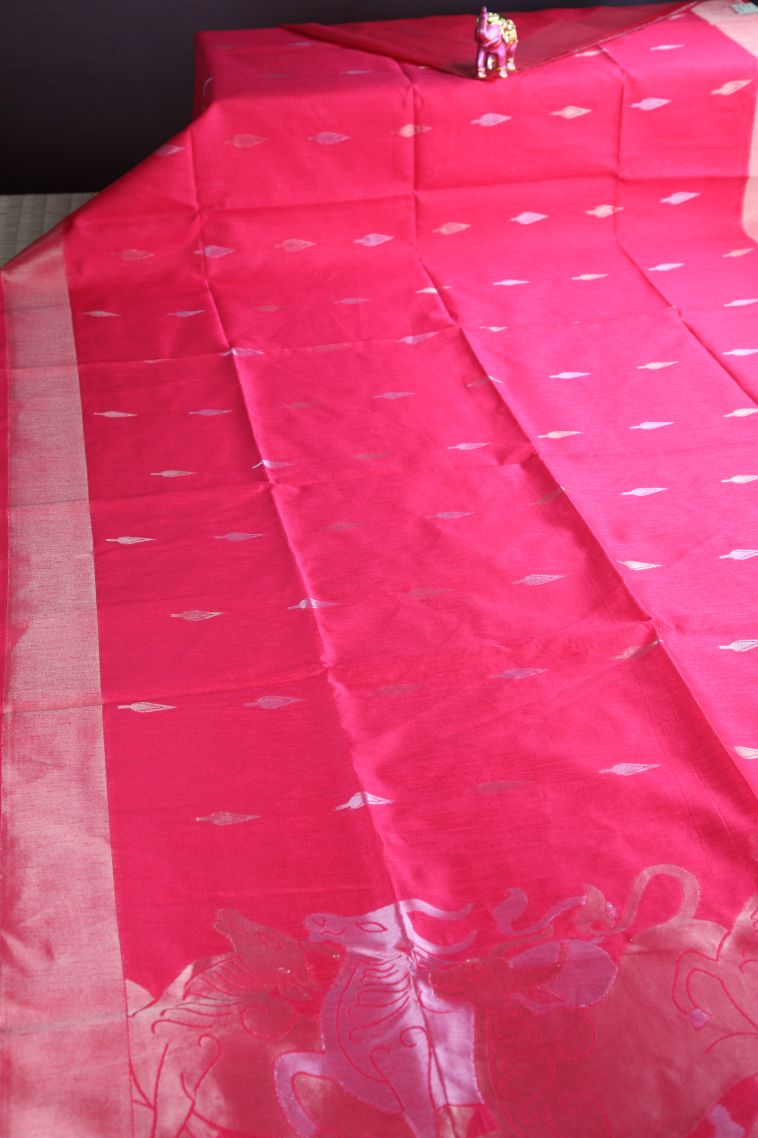 Punch Pink Raw Silk Sarees with Copper Zari Puttas view 2