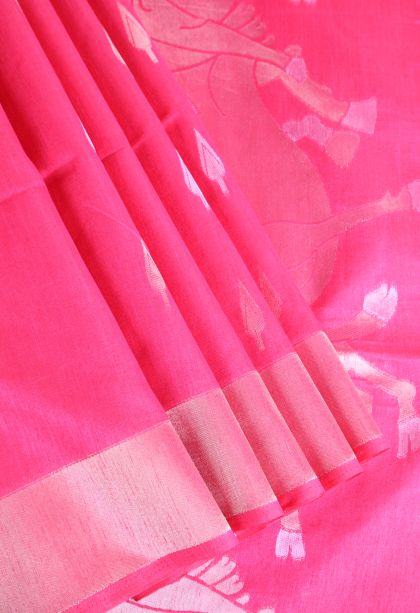 Punch Pink Raw Silk Sarees with Copper Zari Puttas