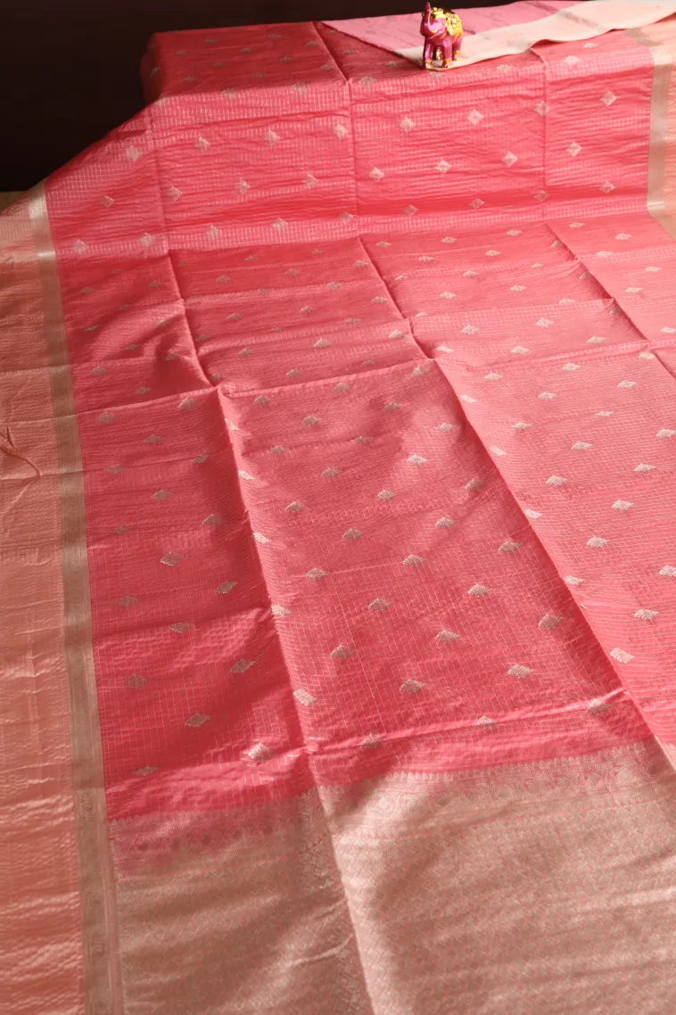 Peach Pink Apoorva Silk Sarees with Silver Zari Checks And Puttas view 2