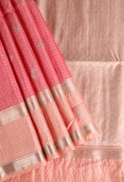 Peach Pink Apoorva Silk Sarees with Silver Zari Checks And Puttas