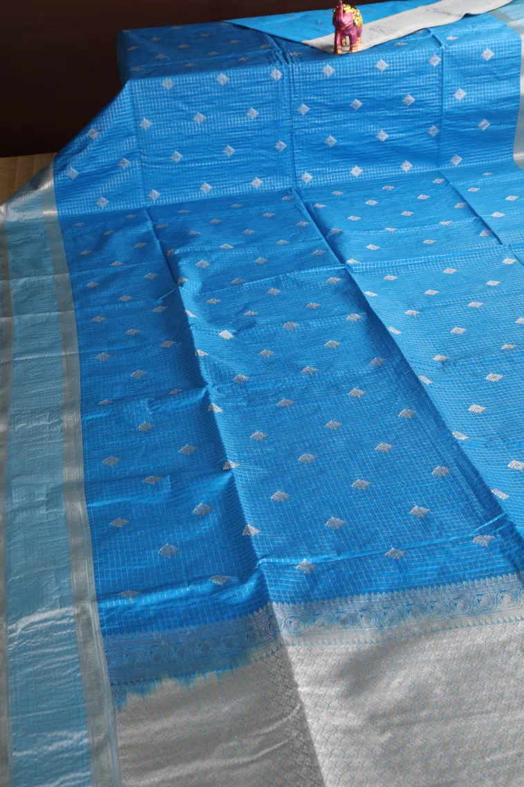 Cerulean Blue Apoorva Silk Sarees with Silver Zari Checks And Puttas view 2