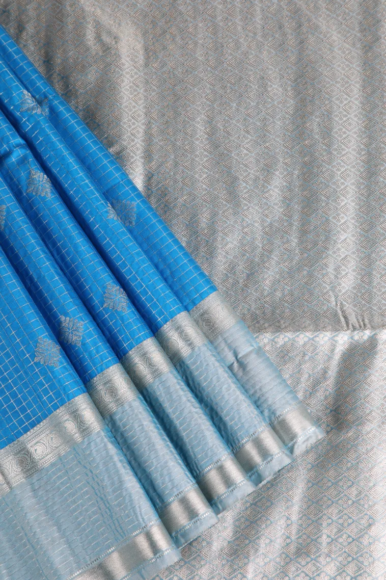 Cerulean Blue Apoorva Silk Sarees with Silver Zari Checks And Puttas view 1
