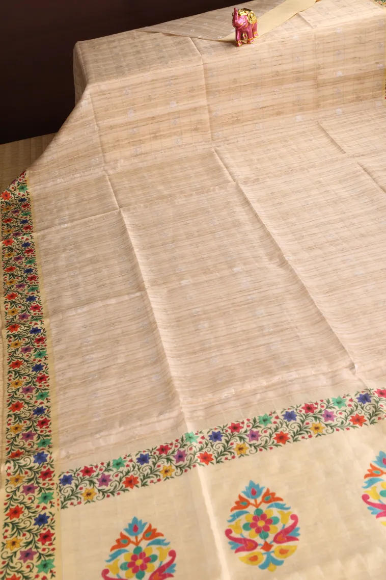 Coconut White Raw Silk Sarees with Gold And Silver Zari Checks And Puttas view 2
