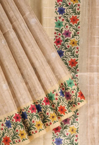 Coconut White Raw Silk Sarees with Gold And Silver Zari Checks And Puttas