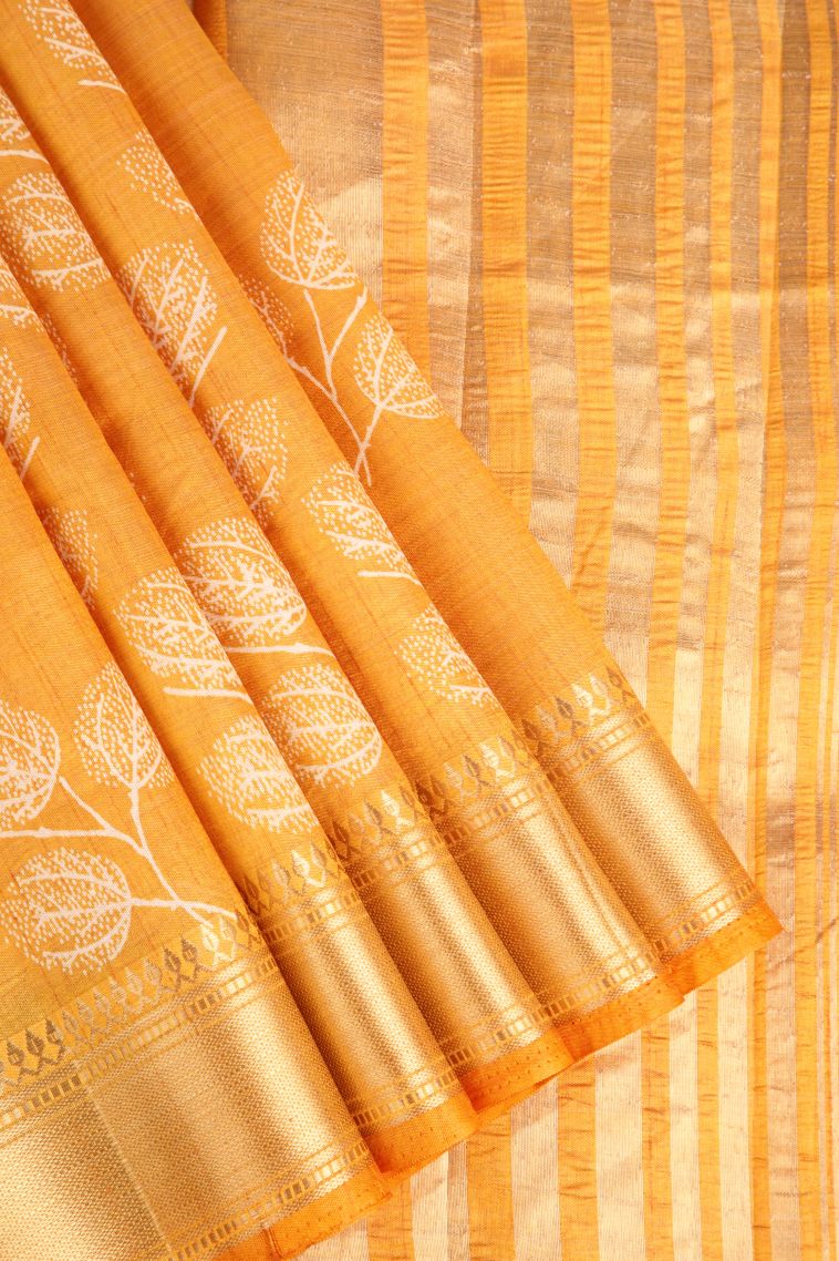 Merigold Orange Semi Raw Silk Printed Gold Zari with Leaf Pattern view 1