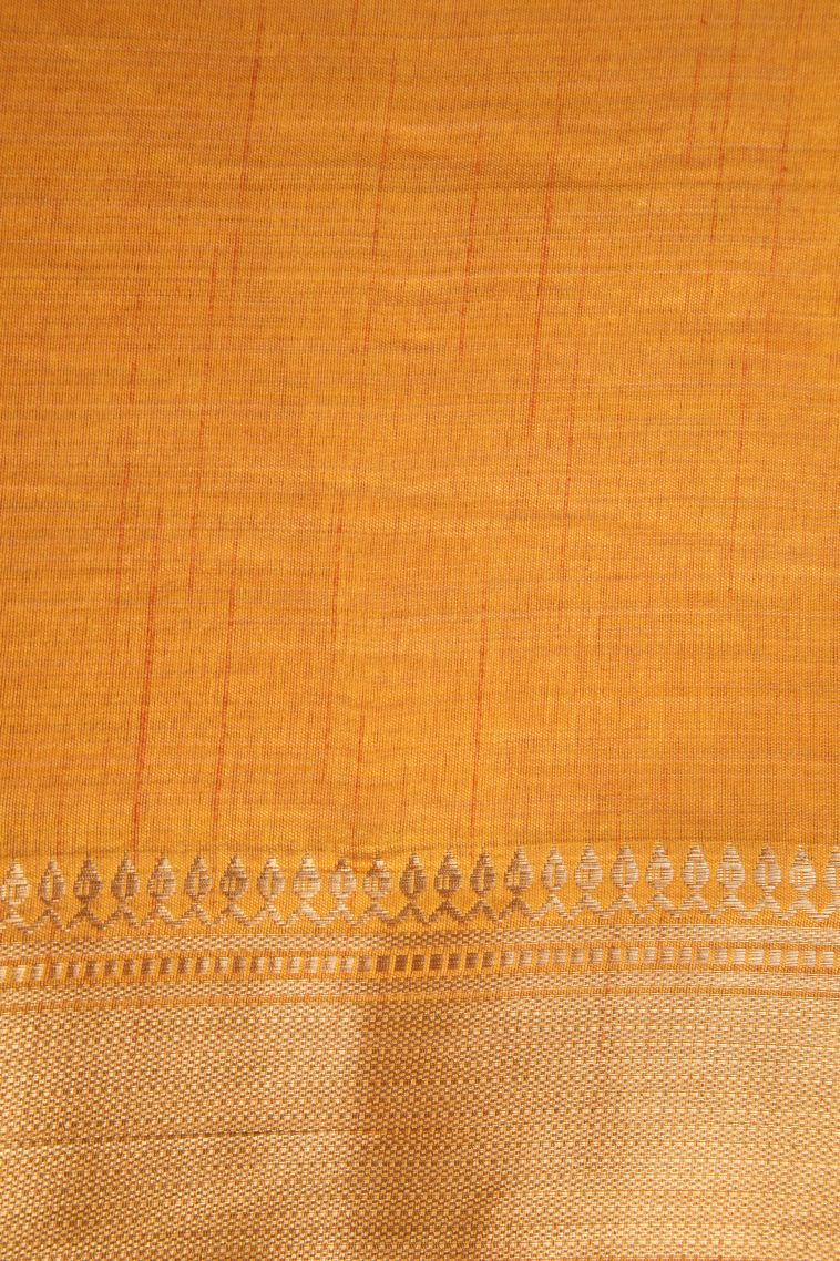 Merigold Orange Semi Raw Silk Printed Gold Zari with Leaf Pattern view 3