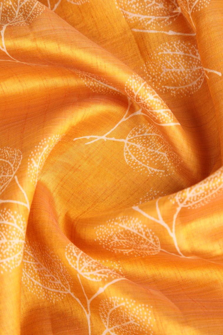 Merigold Orange Semi Raw Silk Printed Gold Zari with Leaf Pattern view 4