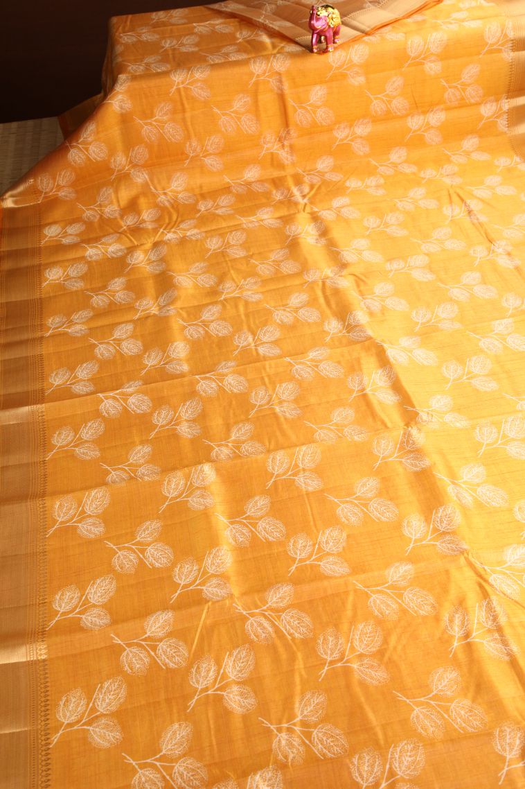 Merigold Orange Semi Raw Silk Printed Gold Zari with Leaf Pattern view 2