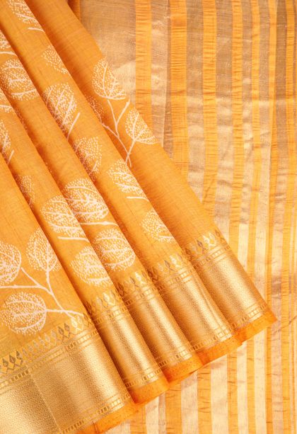 Merigold Orange Semi Raw Silk Printed Gold Zari with Leaf Pattern