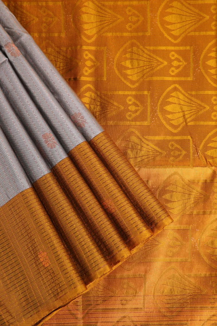 Gray Black Apoorva Silk Sarees with Gold Zari Straipes And Puttas view 1