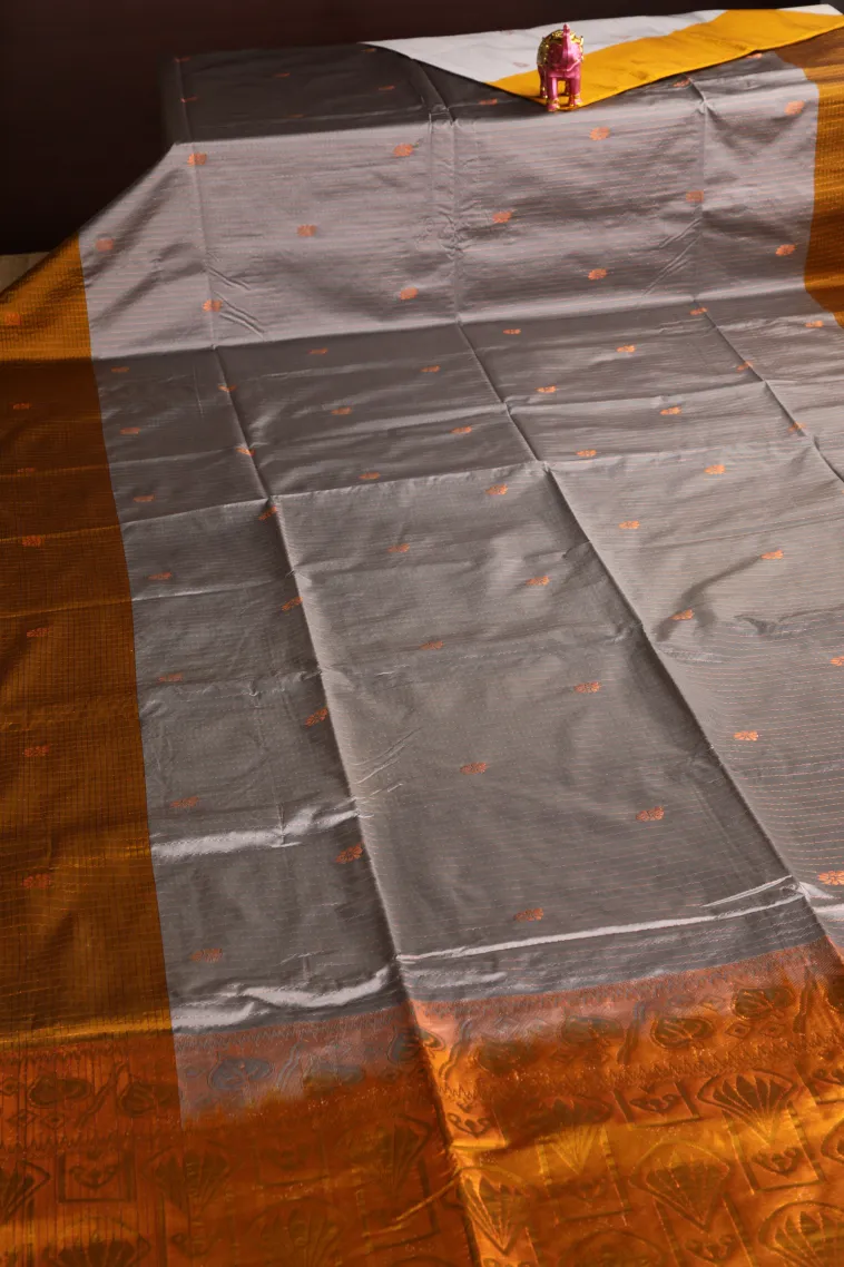 Gray Black Apoorva Silk Sarees with Gold Zari Straipes And Puttas view 2