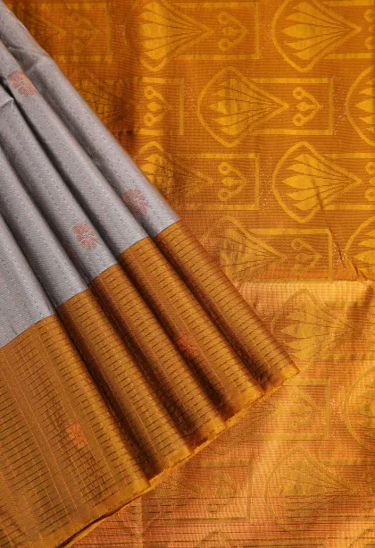 Gray Black Apoorva Silk Sarees with Gold Zari Straipes And Puttas