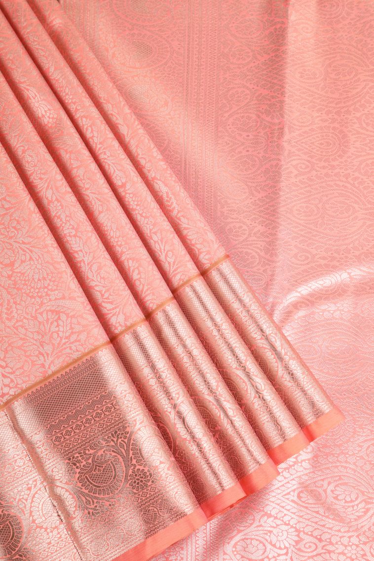 Salmon Pink Apoorva Silk Sarees Gold Zari with Leaf Pattern