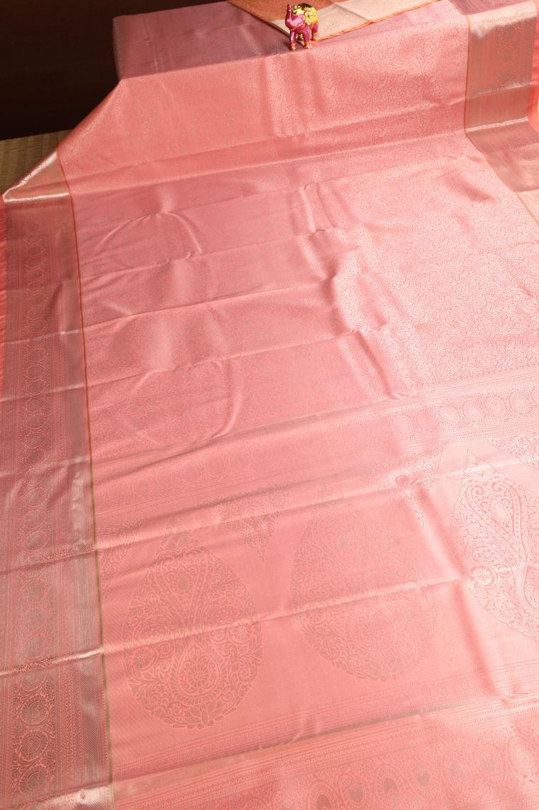 Salmon Pink Apoorva Silk Sarees Gold Zari with Leaf Pattern view 2