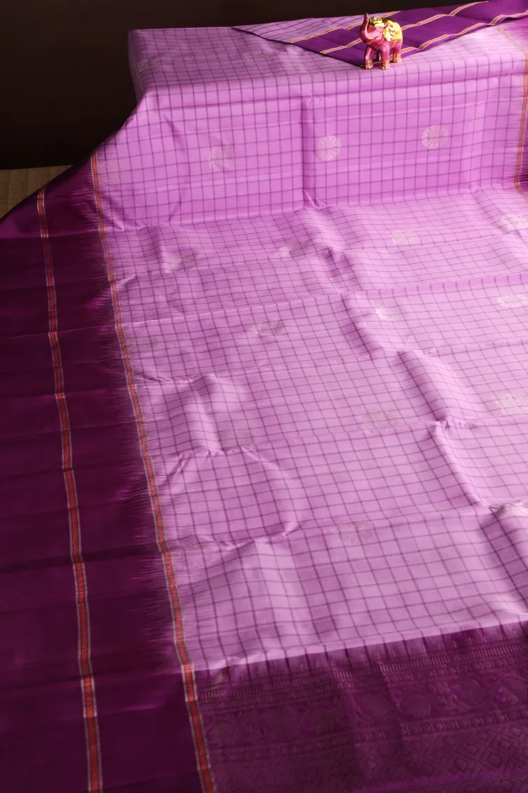 Lavender Purple Soft Silk Saree with Silver Zari Checks And Puttas view 2