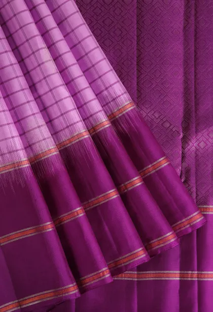 Lavender Purple Soft Silk Saree with Silver Zari Checks And Puttas
