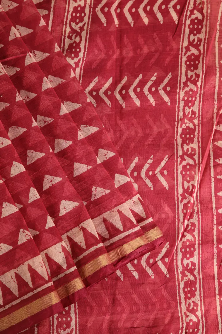 Candy Red Chanderi Cotton Sarees Without Zari With Geometric Shapes view 1