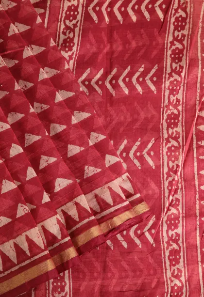 Candy Red Chanderi Cotton Sarees Without Zari With Geometric Shapes