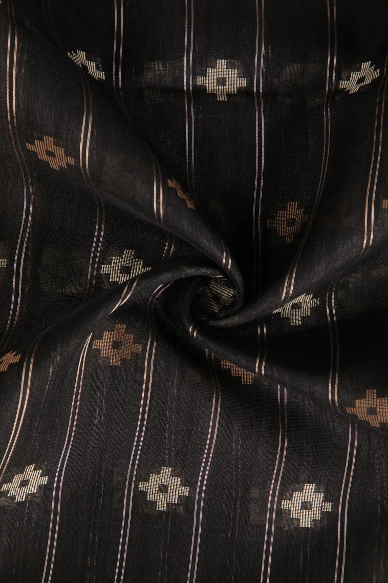 Asphalt Black Raw Silk Sarees with Gold And Silver Zari Straipes And Puttas view 4