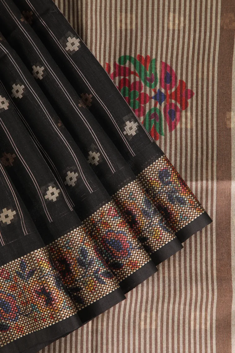Asphalt Black Raw Silk Sarees with Gold And Silver Zari Straipes And Puttas