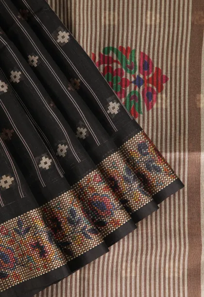 Asphalt Black Raw Silk Sarees with Gold And Silver Zari Straipes And Puttas