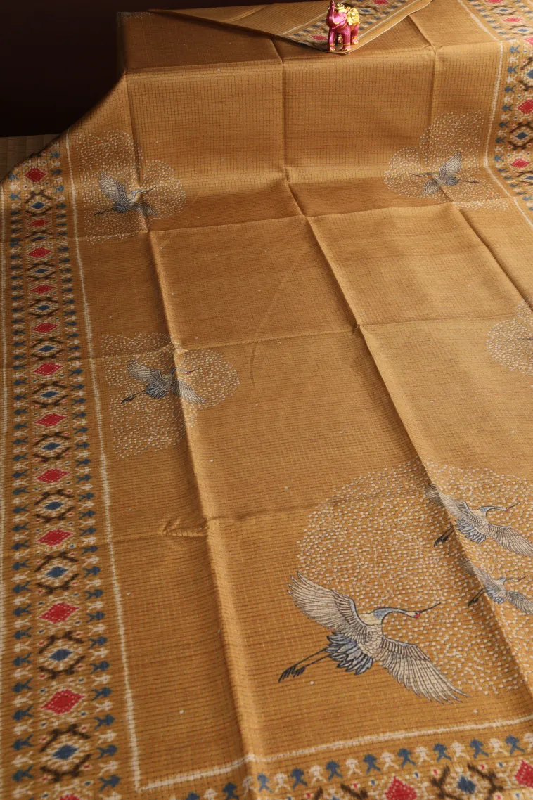 Gold Tussar Saree Without Zari With Birds Mottif view 2