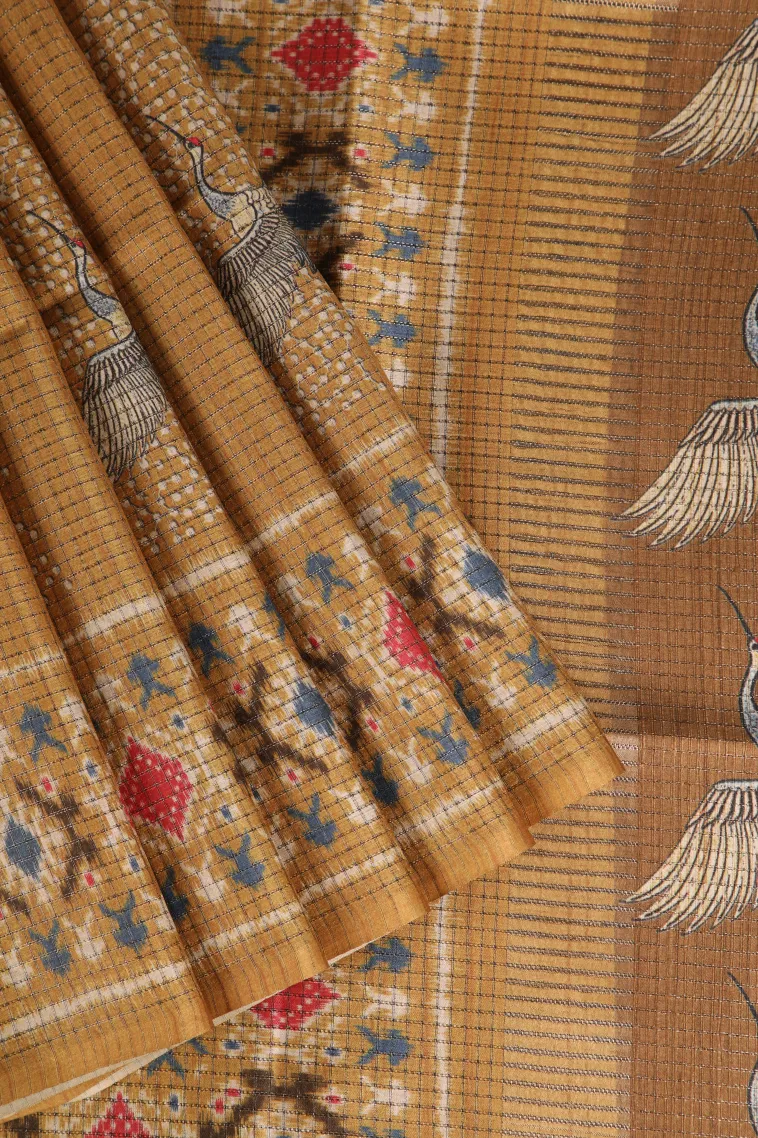 Gold Tussar Saree Without Zari With Birds Mottif
