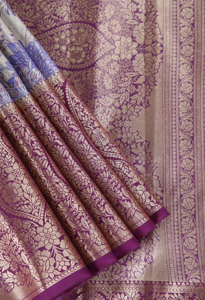 Gray Black Apoorva Silk Sarees with Copper Zari Floral Patterns