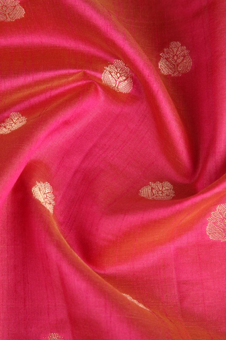 Punch Pink Raw Silk Sarees Gold Zari with Floral Puttas view 4