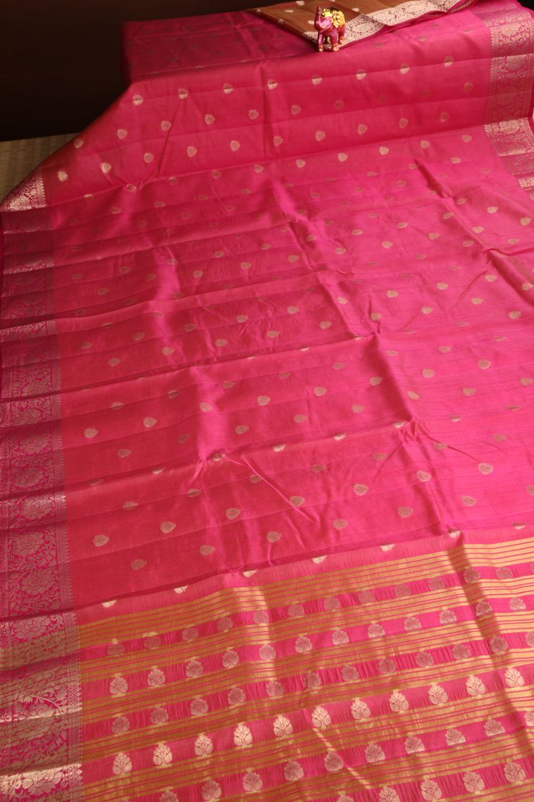 Punch Pink Raw Silk Sarees Gold Zari with Floral Puttas view 2