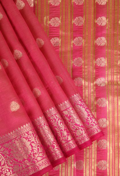 Punch Pink Raw Silk Sarees Gold Zari with Floral Puttas