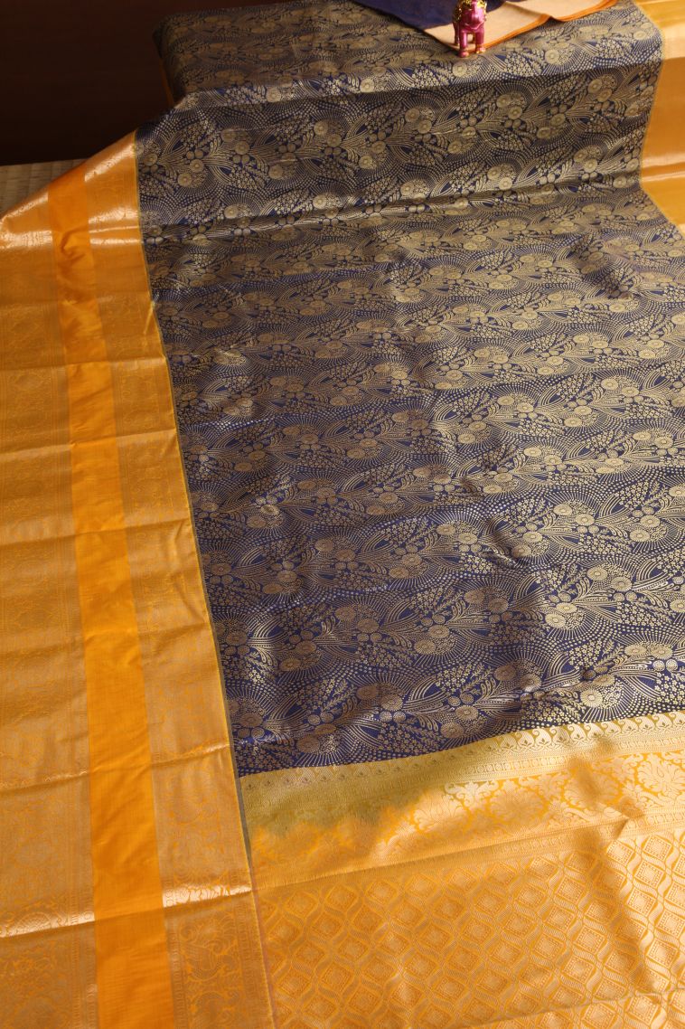 Berry Blue Apoorva Silk Sarees with Copper Zari Floral Patterns view 2