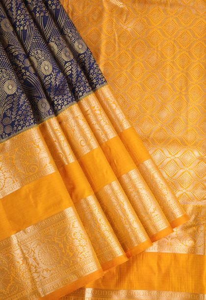 Berry Blue Apoorva Silk Sarees with Copper Zari Floral Patterns