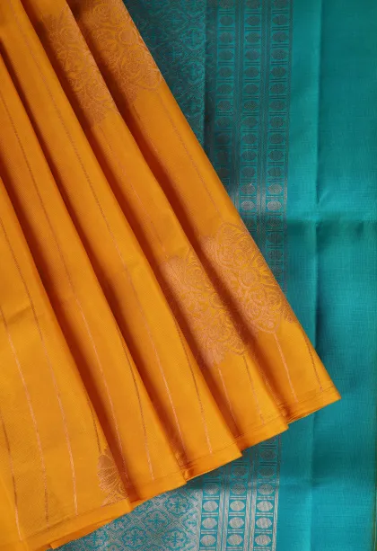 Lemon Yellow Soft Silk Saree with Copper Zari Straipes And Puttas