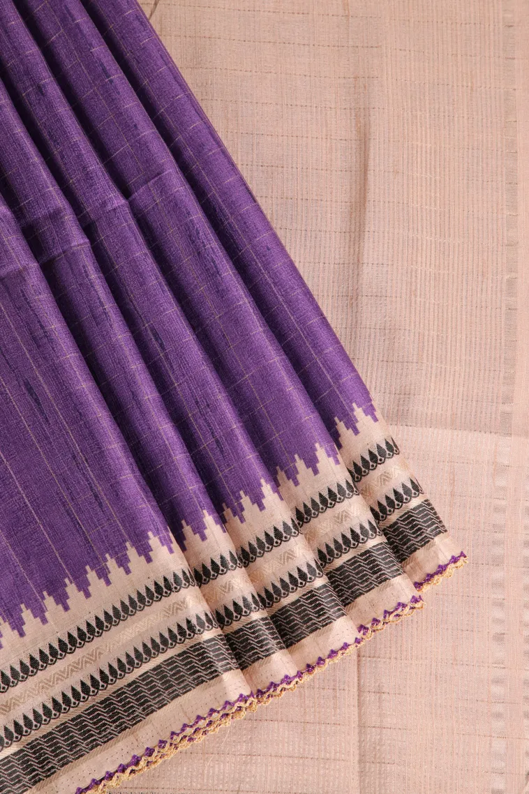 Iris Purple Raw Silk Sarees Without Zari With Checks