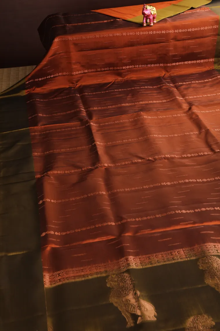 Ginger Orange Soft Silk Saree with Copper Zari Stripes view 2