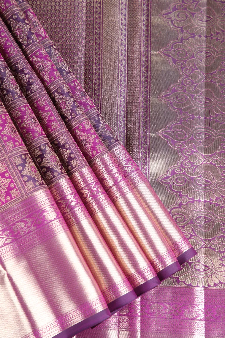 Magenta Purple Kanchipuram Silk Sarees with Gold Zari Floral Patterns view 1