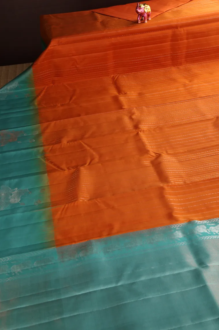 Fire Orange Soft Silk Saree with Copper And Silver Zari Stripes view 2