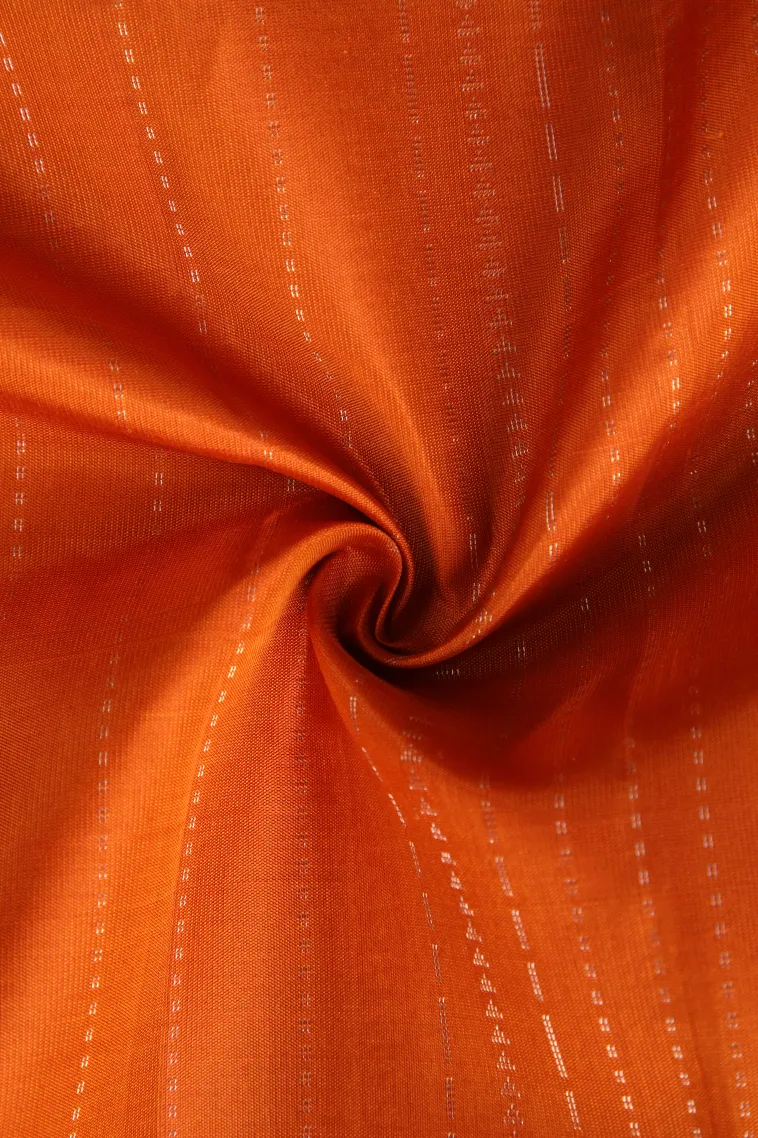 Fire Orange Soft Silk Saree with Copper And Silver Zari Stripes view 4