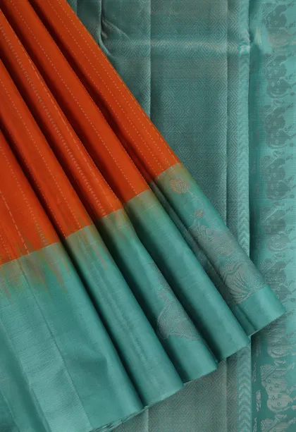 Fire Orange Soft Silk Saree with Copper And Silver Zari Stripes