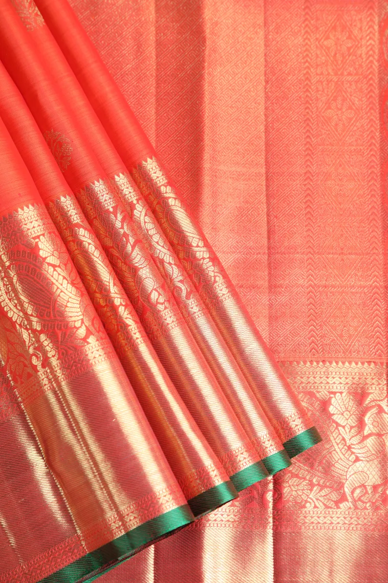 Candy Orange Kanchipuram Silk Sarees with Gold Zari Rudhracham Mottif