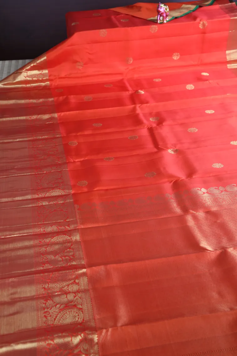 Candy Orange Kanchipuram Silk Sarees with Gold Zari Rudhracham Mottif view 2